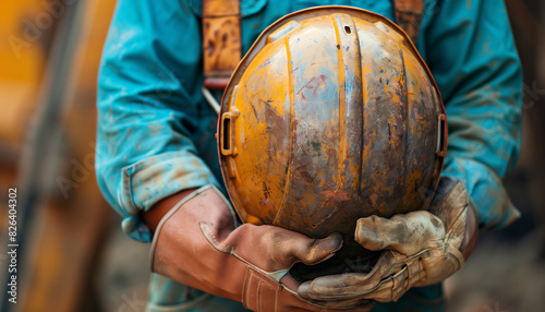 Close-up of a construction worker holding a well-worn safety helmet and gloves, symbolizing hard work and dedication commemorated during labor day
