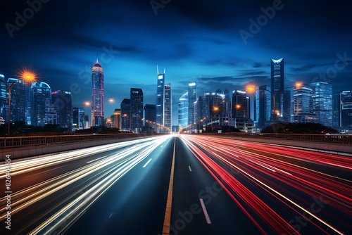 the light trails on the modern building background in shanghai china. © Creative