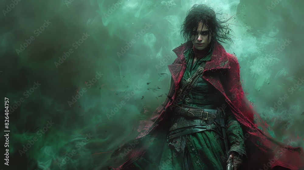 Obraz premium Mysterious figure in a red cloak stands amidst swirling green mist.