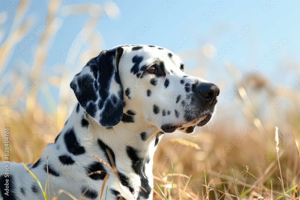 Tranquil dalmatian dog sits amidst golden grass under a clear sky, exuding peace Tranquil dalmatian dog sits amidst golden grass under a clear sky, exuding peace