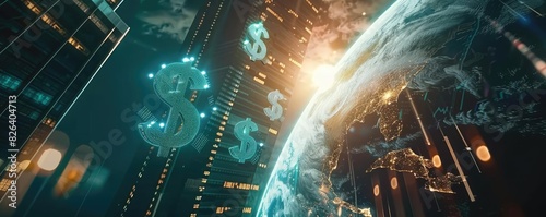 Futuristic cityscape with digital dollar symbols floating in sky, representing global finance and economy in a technologically advanced world. photo