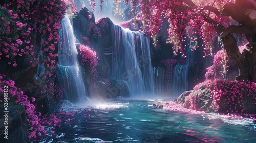 blooming cavern and waterfall. fantasy © Boraryn