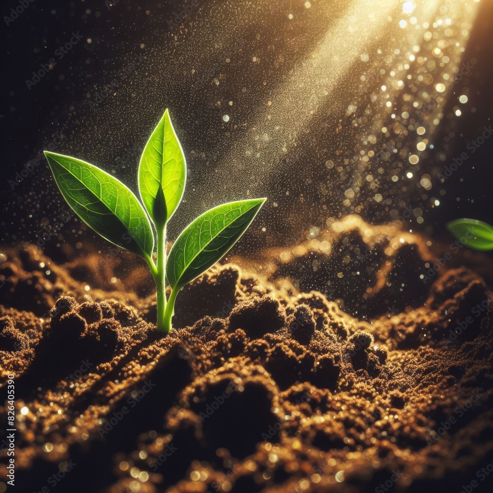 Close-up of a young green plant sprouting from fertile soil, illuminated by sunlight, symbolizing growth and new beginnings.. AI Generation Close-up of a young green plant sprouting from fertile soil, illuminated by sunlight, symbolizing growth and new beginnings.. AI Generation