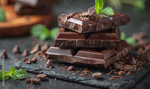 dark chocolate bar and mint leaf decoration with studio photography shot