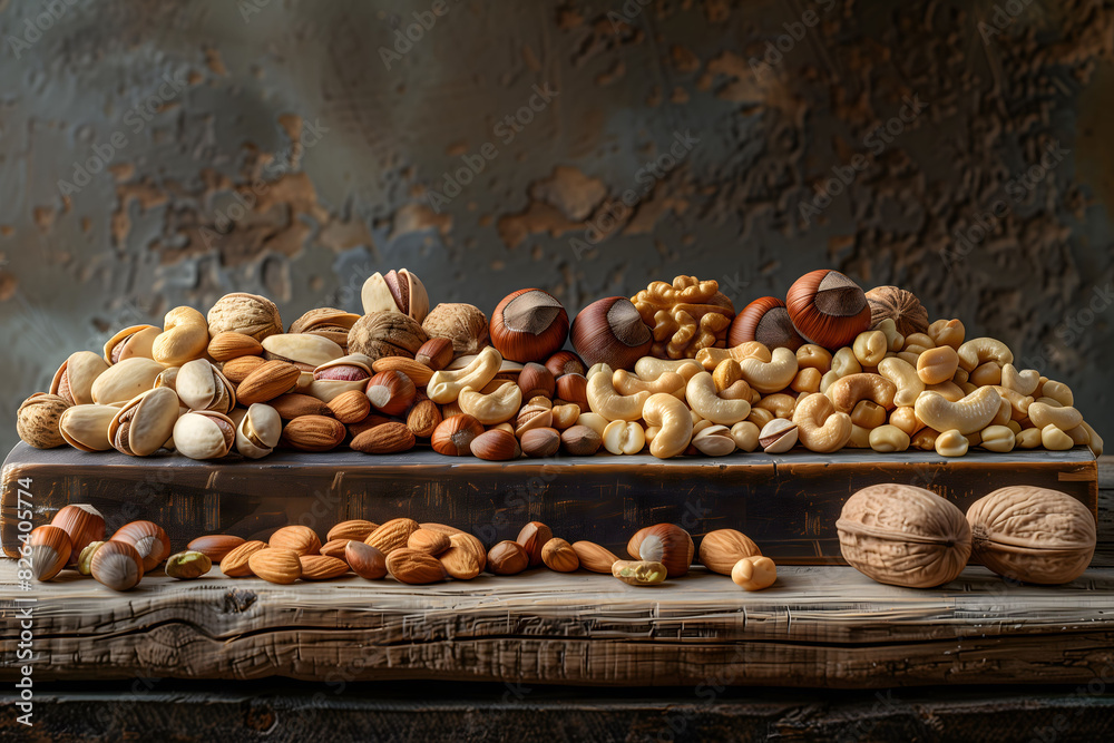Assorted nuts on wooden board for healthy nutrition concept Assorted nuts on wooden board for healthy nutrition concept