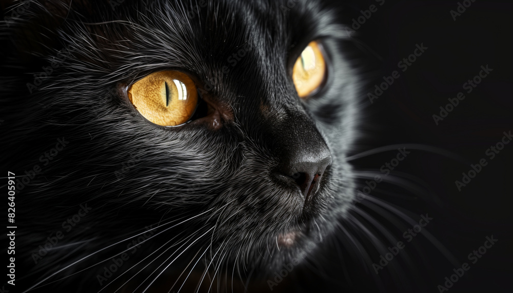 Stunning close-up portrait of a magnificent black cat with mesmerizing golden eyes, representing national black cat appreciation day set against a dark and enigmatic backdrop Stunning close-up portrait of a magnificent black cat with mesmerizing golden eyes, representing national black cat appreciation day set against a dark and enigmatic backdrop