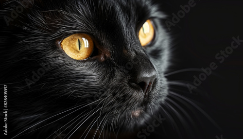 Stunning close-up portrait of a magnificent black cat with mesmerizing golden eyes, representing national black cat appreciation day set against a dark and enigmatic backdrop