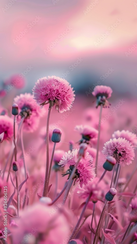 Fototapeta premium Dreamy pink blossom field at sunset