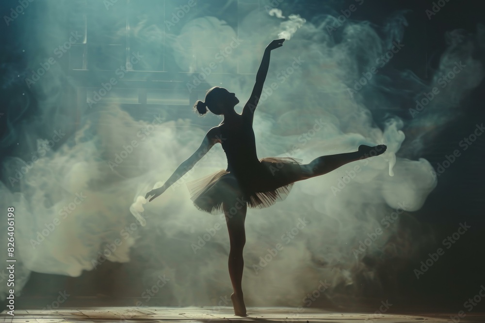 An elegant dancer poses with poise amidst atmospheric stage fog
