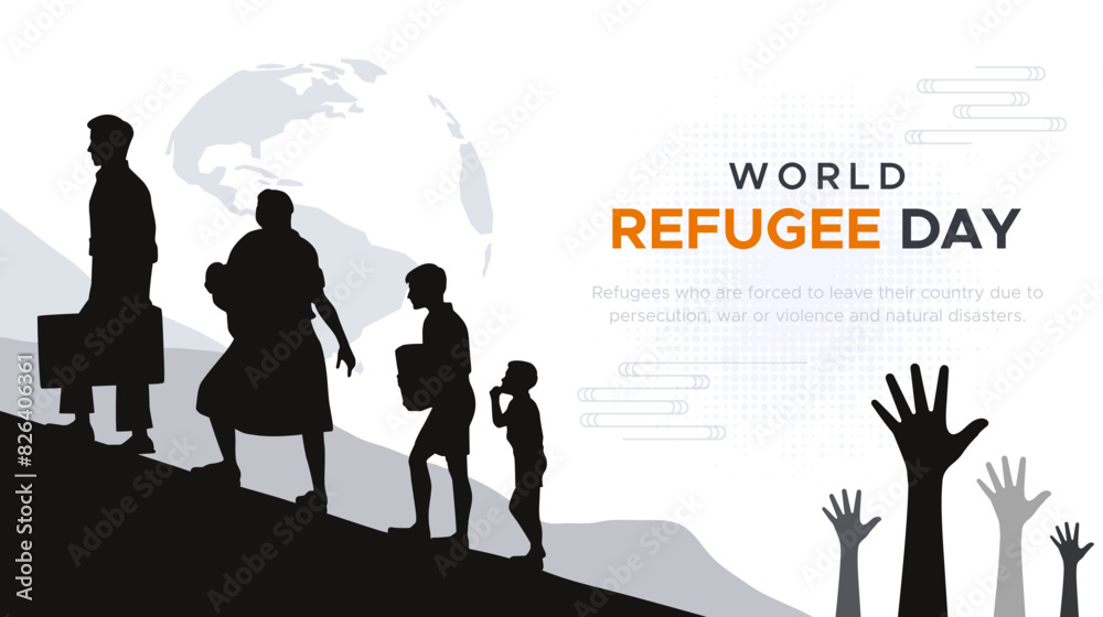 World Refugee Day, June. design concept of refugees who migrate due to violent behavior and war. silhouettes of people carrying their belongings to evacuate and be evacuated World Refugee Day, June. design concept of refugees who migrate due to violent behavior and war. silhouettes of people carrying their belongings to evacuate and be evacuated