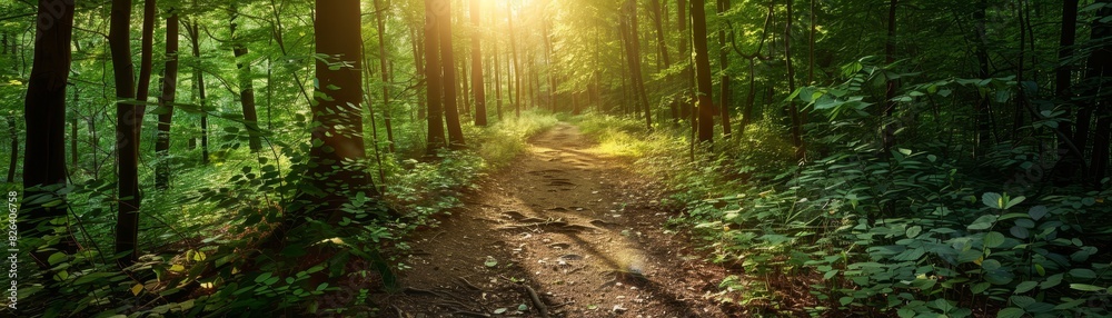Fototapeta premium Dense forest trail with a clear path, sunlight dappling through the leaves, inviting and adventurous mood, ideal for hiking and exploration themes, isolated background.