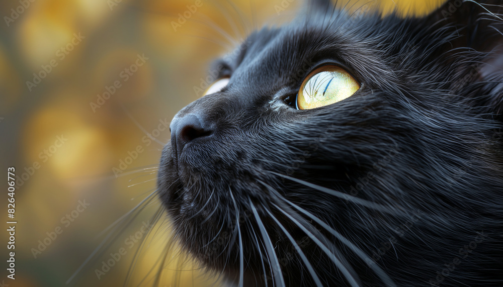 Close-up of a captivating black cat with striking yellow eyes, looking upwards with a beautiful golden bokeh effect in the background, celebrating national black cat appreciation day Close-up of a captivating black cat with striking yellow eyes, looking upwards with a beautiful golden bokeh effect in the background, celebrating national black cat appreciation day