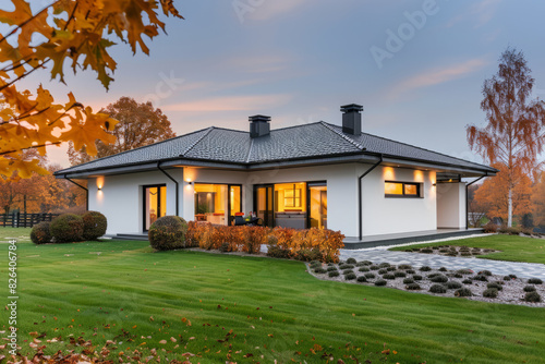 Minimalist Zen style white family house with black flat roof, and beautiful front yard with lawn in autumn photo