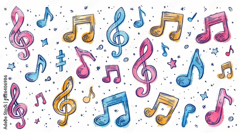 The set of music notes drawings is made up of treble clef stave and ...
