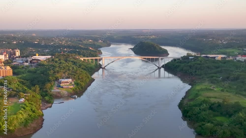 Ponte da Amizade in Foz do Iguaçu. Aerial view the Friendship Bridge that marks the border between Brazil and Paraguay and connects Foz do Iguaçu to Ciudad del Este. Paraná river.
