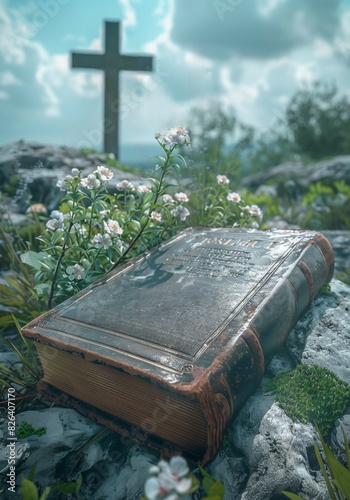 bible book with jesus cross on mount golgotha, jerusalem, israel photo