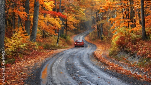 Autumn Road Trip  Capture a scenic autumn road trip with a car driving through colorful foliage  stopping at picturesque viewpoints  emphasizing adventure and exploration. 