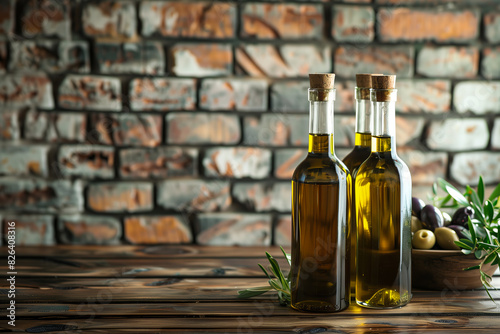 An olive oil glass bottle with an olive branch on a wooden table.