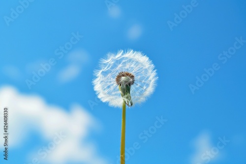 Delicate dandelion puff stands out with a clear blue sky backdrop