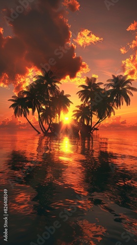 Majestic sunset behind palm trees reflecting on tranquil sea waters