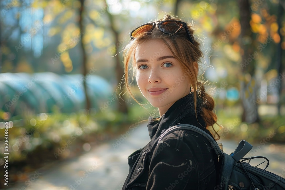 A young woman with sunglasses on her head smiles gently as she enjoys a sunny autumn day in a park A young woman with sunglasses on her head smiles gently as she enjoys a sunny autumn day in a park