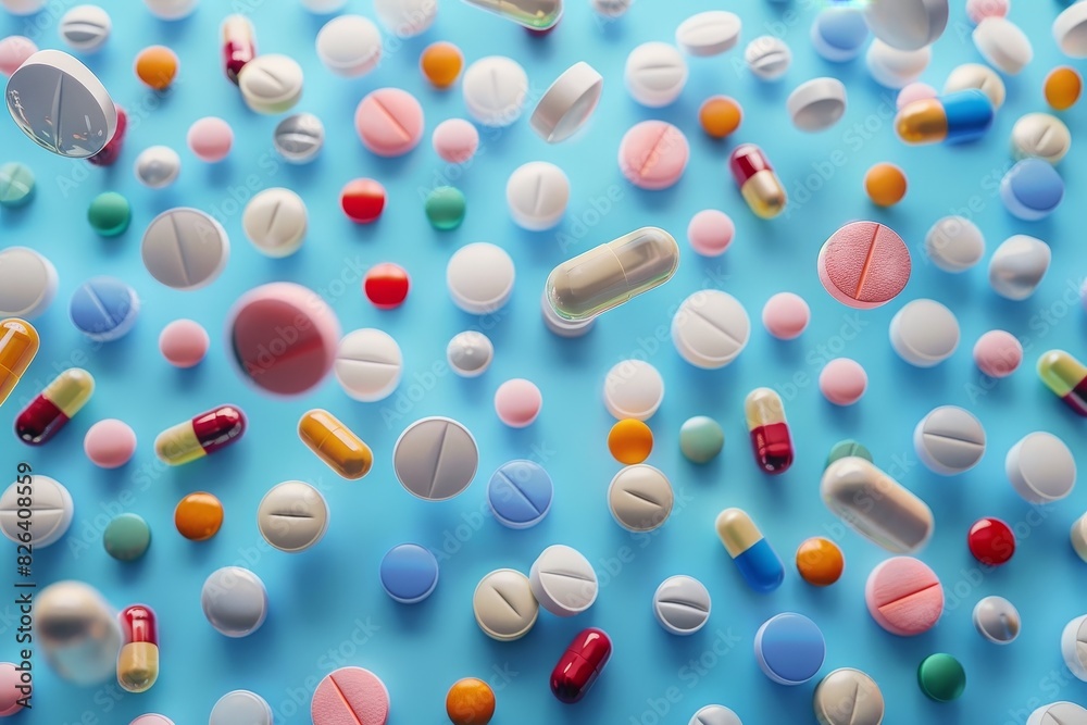 An assortment of pills and medication spread out, showcasing the diversity in shapes and colors of pharmaceuticals