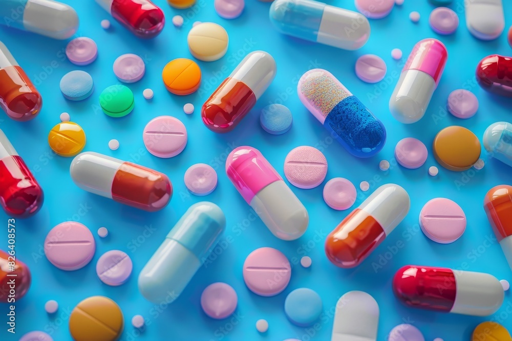 An array of colorful pills and capsules artistically arranged on a bright turquoise background emphasizing healthcare An array of colorful pills and capsules artistically arranged on a bright turquoise background emphasizing healthcare