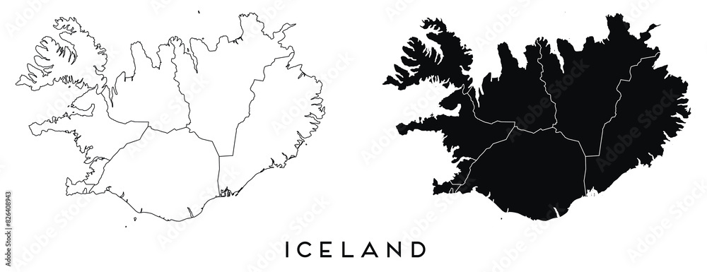 Iceland map of city regions districts vector black on white and outline ...