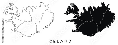 Iceland map of city regions districts vector black on white and outline