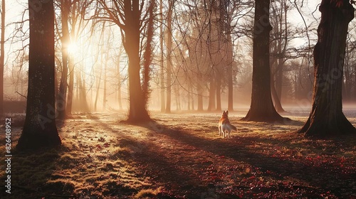 A dog sprints through a forest with sunlight filtering through the trees and lush greenery beneath its feet