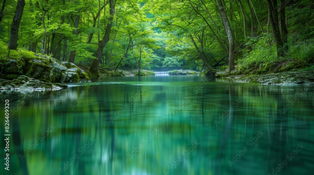 Serene river flowing through lush green forest, clear blue water reflecting the surrounding trees, perfect for peaceful and natural landscape themes, isolated background. Serene river flowing through lush green forest, clear blue water reflecting the surrounding trees, perfect for peaceful and natural landscape themes, isolated background.