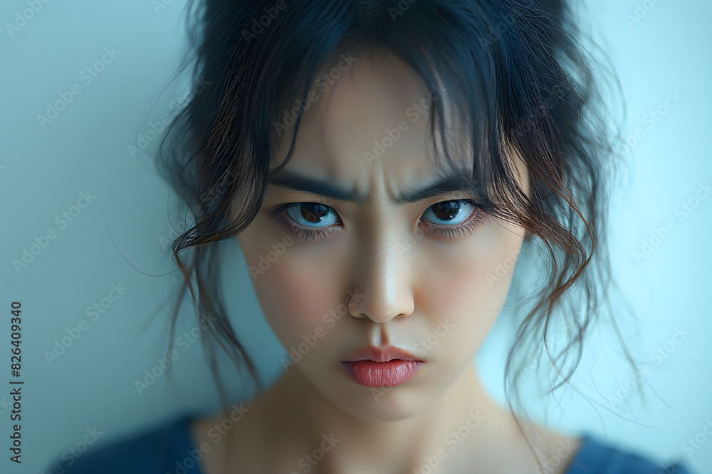 Young East Asian Woman with Determined and Intense Look, Dark Hair