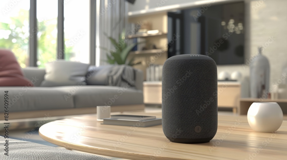 Focus on a smart speaker in a living room setting, capturing voice control engagement, advanced tone, Monochromatic Color Scheme Focus on a smart speaker in a living room setting, capturing voice control engagement, advanced tone, Monochromatic Color Scheme