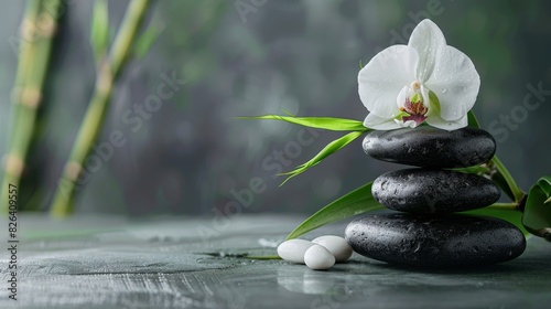 A white flower is on top of three black stones
