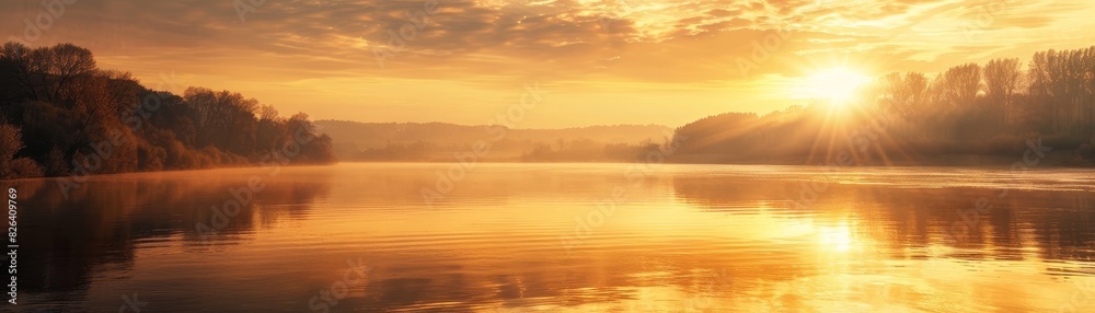 Wide river at sunset, golden hues reflecting on the water, tranquil and picturesque scene, ideal for evening and nature projects, isolated white background. Wide river at sunset, golden hues reflecting on the water, tranquil and picturesque scene, ideal for evening and nature projects, isolated white background.