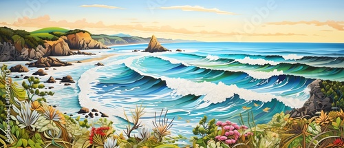 Illustrate a birds-eye panorama of a tranquil coastal setting using paper quilling techniques Craft swirling waves photo