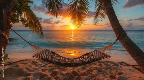 Serene sunset view with hammock on tropical beach