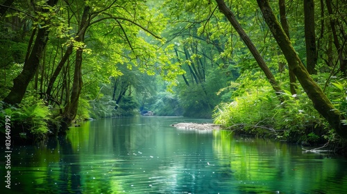Serene river flowing through lush green forest, clear blue water reflecting the surrounding trees, perfect for peaceful and natural landscape themes, isolated background.