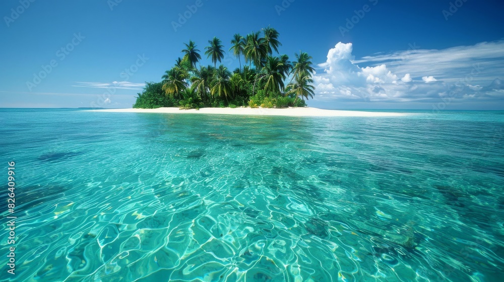 Panoramic view of a serene tropical island with lush palms on a sunny day Panoramic view of a serene tropical island with lush palms on a sunny day