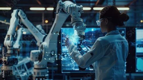 Female industrial factory engineer working with futuristic robot arms automation machine.Generate AI