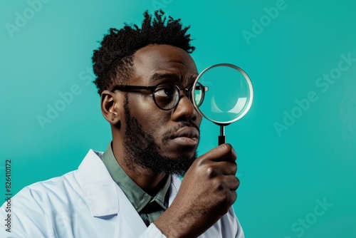 Black man in glasses and a white lab coat looking through a magnifying glass  concept of observation  analysis.