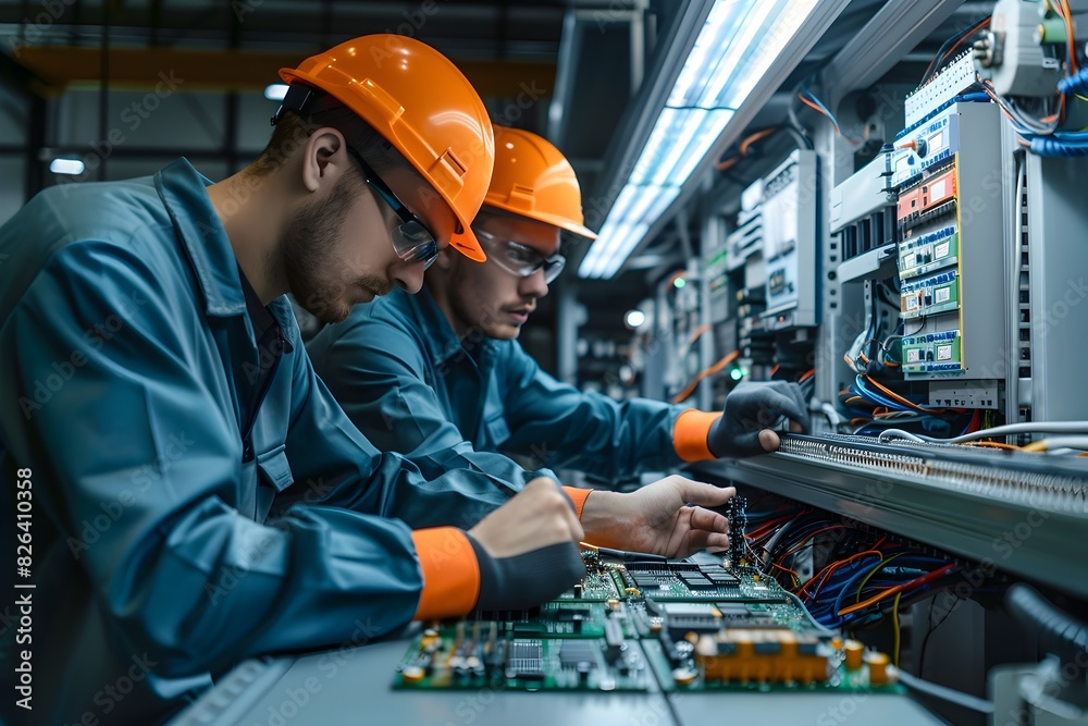 Electrical Engineers Meticulously Assembling and Inspecting Circuit Boards in a High Tech Industrial Workspace Electrical Engineers Meticulously Assembling and Inspecting Circuit Boards in a High Tech Industrial Workspace
