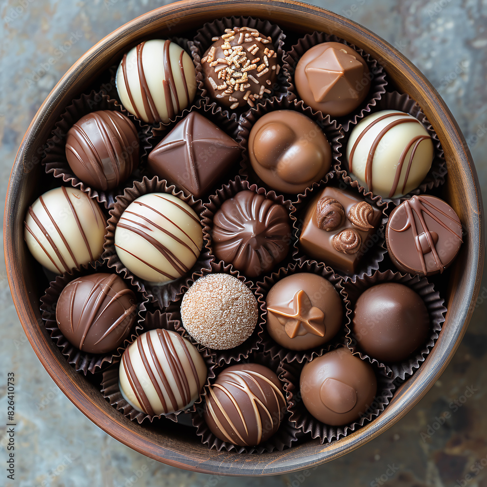 Dark chocolate balls inside a wooden bowl seen from a top perspective Dark chocolate balls inside a wooden bowl seen from a top perspective