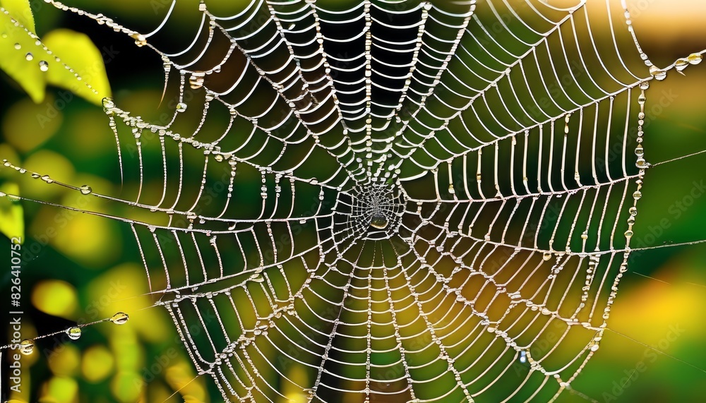 Close-up of a delicate spider web covered in dew drops, sparkling in the morning light against a lush green background.. AI Generation