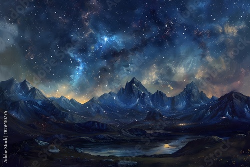 Captivating Starry Night Sky Enveloping Towering Mountain Landscape © Ratchadaporn