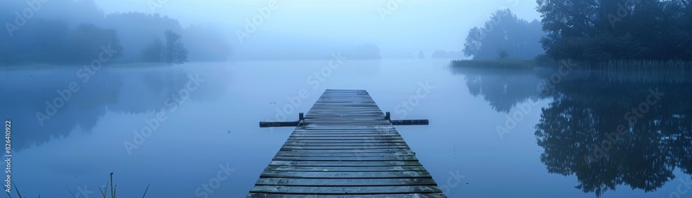 Calm river with a small wooden dock, mist rising in the early morning light, serene and peaceful atmosphere, ideal for relaxation and nature themes, isolated background. Calm river with a small wooden dock, mist rising in the early morning light, serene and peaceful atmosphere, ideal for relaxation and nature themes, isolated background.