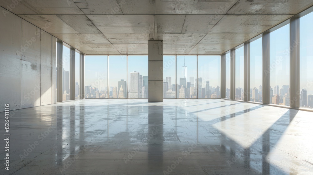 New empty space building interior design concrete floor with panoramic cityscape view. Generated AI