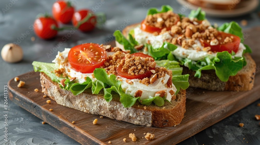 Cream cheese spread on sourdough bread topped with lettuce cherry tomatoes and hazelnut crumbs on a wooden board