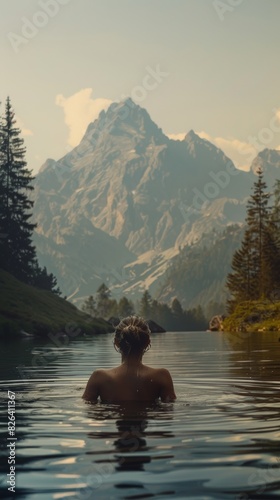Woman sits in a lake in front of a mountain