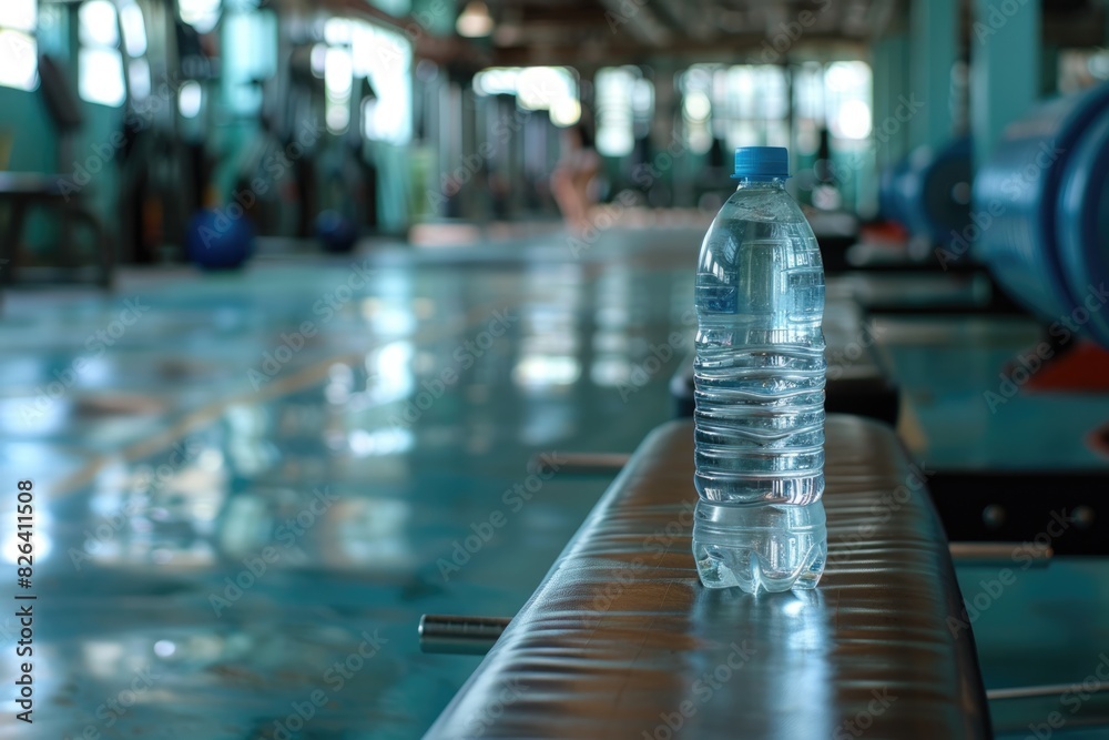 Water bottle on gym bench press, lifestyle, healthy living, physical exercise. Water bottle on gym bench press, lifestyle, healthy living, physical exercise.
